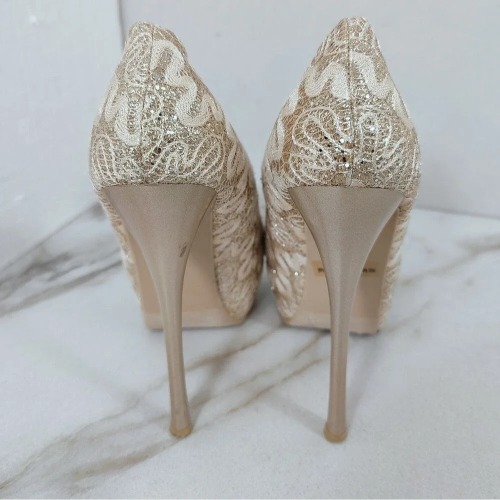 Mila Lady Fay Gold Cream Glitter Lace Platform Stiletto Heels, Sz 5.5